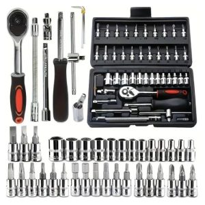 Juego de 46 piezas de llaves con casquillo de Acero-Cromo-Vanadio con mango telescópico
